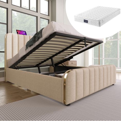 CHICFURN lit coffre rembourré beige en lin avec tête de lit double ports USB et Type C 140 par 200 (1/5)