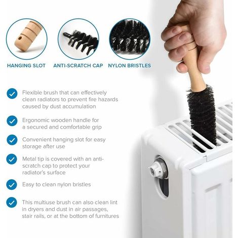 Brosse Radiateur Multi-Fonction et Flexible - Plumeau Radiateur Poils Longs et Fins - Manche en Bois - Gagnez en efficacité et réduisez Votre Facture énergétique(60cm) (1/4)