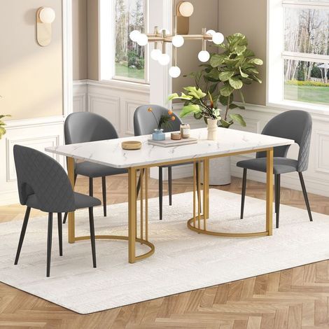 "title": "Ensemble table et chaises 140x80, table de cuisine, chaises rembourrées, pieds réglables, plateau laqué blanc" (1/5)