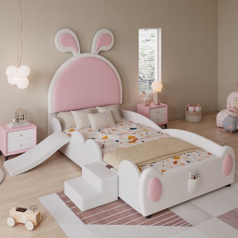 Cama infantil 90x200cm cabecero con orejas de conejo PU color Blanco y rosa (Sin colchón)