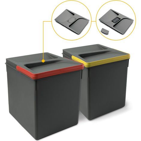 Emuca Contenedores para cajón de cocina Recycle con tapa anti olores, Altura 266, 2x15litros, Plástico gris antracita (1/5)