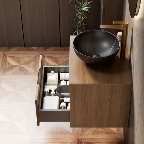 60cm MINA Mur de salle de bain, armoire en contreplaqué rayé avec tiroir, sans évacuation ni robinet, couleur veinage de bois de noyer (1/4)
