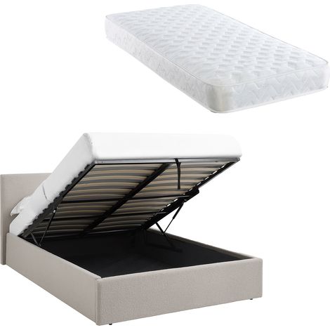 TEDDY BOUCLE 3FT Single Beige Ottoman Storage Bed Gas Lift Up (3ft) with Boucle Spring Mattress