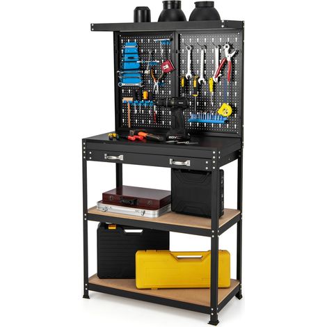 COSTWAY Banco da Lavoro con Pannello Forato, Banco da Lavoro con Scaffali e Cassetti per Utensili, 14 Accessori Appesi, Telaio in Metallo, per Garage e Officina, 81 x 41 x 155 cm (Blu+Nero) (1/5)