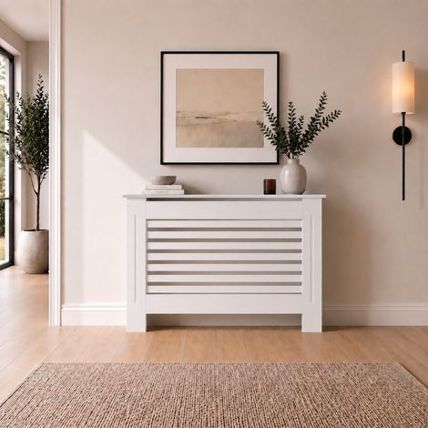 Radiator Cover Medium White Modern Horizontal Slat MDF Cabinet with Display Shelf 1120x815x190mm (1/5)
