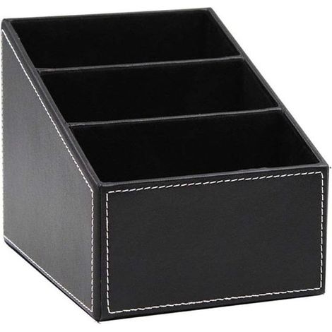 Moderner, minimalistischer Schreibtisch-Organizer aus schwarzem Leder mit 3 Fächern, Stifthaltern, Handyhalterung und Fernbedienungshalter. (1/5)