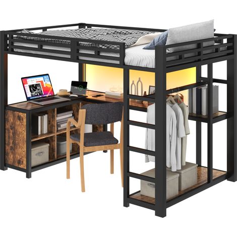 Letto a soppalco 140 x 200 cm con scrivania integrata, illuminazione LED, porte USB, armadio aperto e ampio spazio contenitivo nero  CHICFURN (1/5)