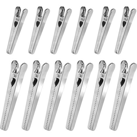 Set mit 12 Edelstahl-Beutelclips, geeignet für kleine Beutel und Lebensmittel, erhältlich in 2 Größen.