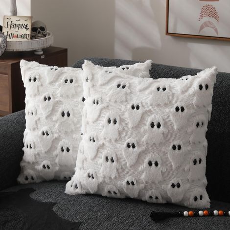 Filiyano-Housse de coussin Halloween 45x45 cm, lot de 2, motif fantômes blancs, douce et moelleuse, en fausse fourrure de laine, pour canapé, fauteuil (1/5)