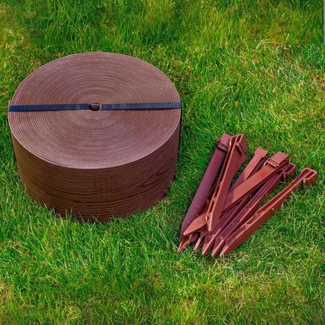 Bordure de Jardin Flexible 10m avec 20 piquets d'ancrage - Hauteur 13cm, Épaisseur 3mm - Bordure de Gazon en Plastique - Bordure de Pelouse résistante aux UV, Marron avec Décor en Bois (1/5)