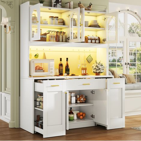 Mueble de cocina alto 120 cm con LED RGB, vitrinas de cristal y cajones, blanco DESVIAE (1/5)