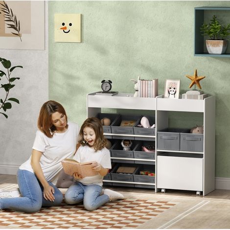 MODFU – Mobile contenitore per bambini 105x30x80 cm in legno/MDF con 11 contenitori in tessuto e adesivi, altezza adatta 3-8 anni – Bianco (1/5)