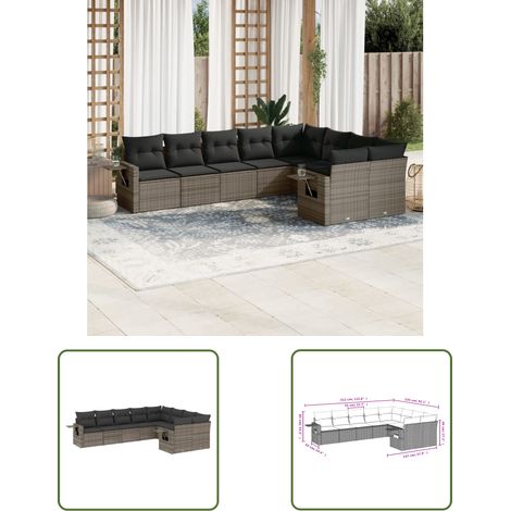 The Living Store Salon de jardin 9 pcs avec coussins gris résine tressée - Ensemble Salon De Jardin - Meuble Extérieur - Résine Tressée - Rotin Synthétique - Mobilier De Jardin (1/3)