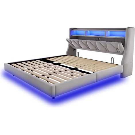 Cama tapizada 180 x 200 cm gris claro con cabecero abatible, LED y puertos USB (1/5)