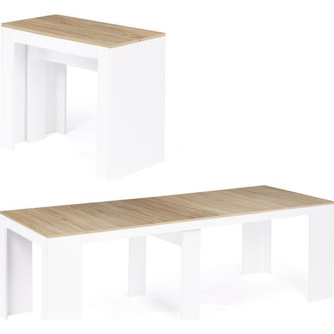 Idmarket – Table console extensible 10 personnes 235 cm – Bois blanc et façon hêtre – 4 rallonges de 47 cm – Compacte et design
