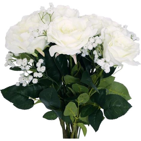 Bouquet artificiel création fleuriste calme blanc x9 roses H 75 cm (1/3)
