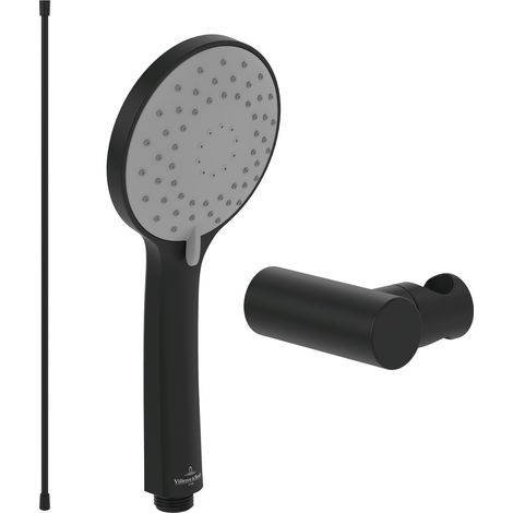 Villeroy & Boch Universal Showers Handbrause-Set (3 in 1 Bundle), bestehend aus Duschkopf inkl. Handbrausehalter (rund) und Handbrauseschlauch 1,60m, Matt Black