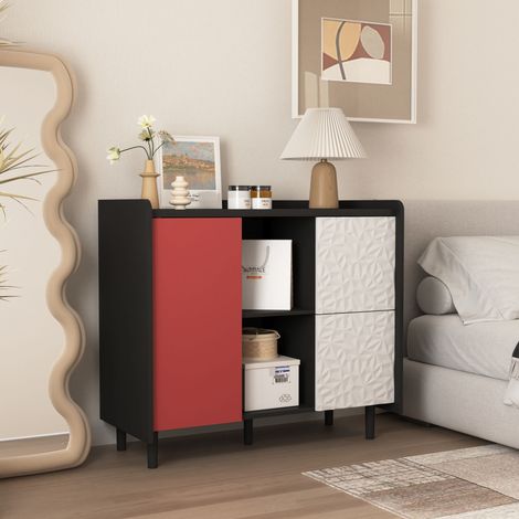 REDOM Buffet 40x90x80cm grand rangement MDF 2 tiroirs et espace ouvert noir rouge (1/5)