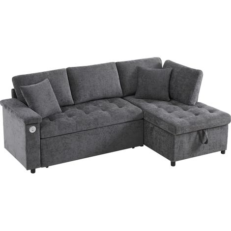 Sofá cama en L gris oscuro con almacenaje, USB y 2 cojines HOMVRA (1/5)
