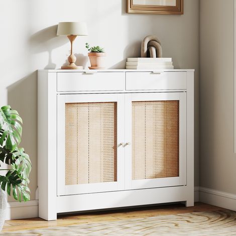 Cubre Radiadores con Puertas Abatibles y Ratán 2 Compartimentos Diseño Bohemio para Salón Dormitorio Blanco (1/5)