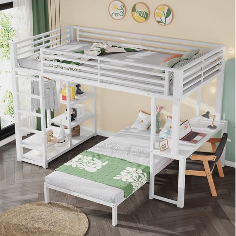 REDOM cama alta 205x205x185 cm, con escritorio, 4 estantes y armario abierto, MDF y metal, blanco (1/5)
