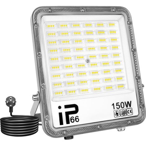 1 projecteur LED d'extérieur 150W avec prise de 1m, 15000lm, lumière blanche 6000K, lumière du jour, IP66, étanche, éclairage de sécurité pour jardin, garage, cour, terrasse, porche