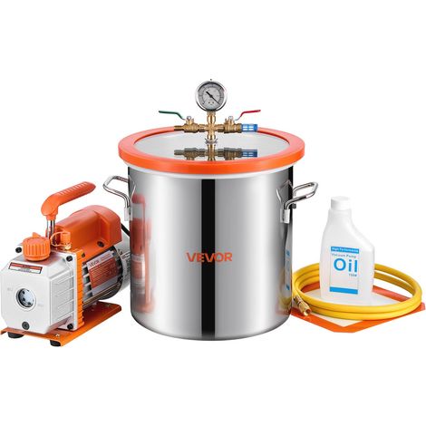 Pompe à Vide 3,5 CFM 99 L/min Chambre à Vide Acier Inox 11,36 L 1 Étage avec Couvercle Verre Trempé, Bouteille d'Huile 200 mL, Tuyau 1,5 m, pour Stabilisation de Bois Dégazage Résine Silicone (1/5)