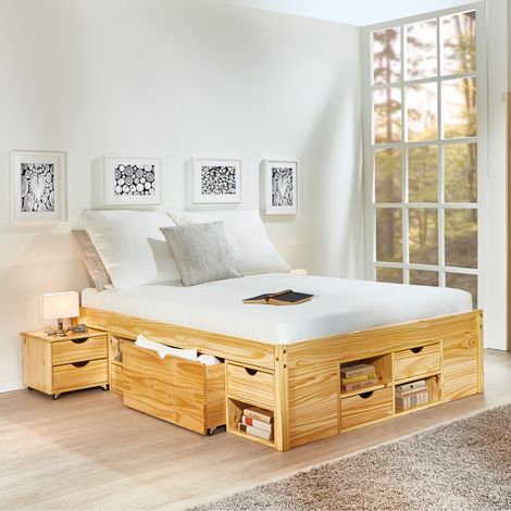 Ensemble lit 180x200 cm + 2 chevets en pin massif naturel - CHAMONIX