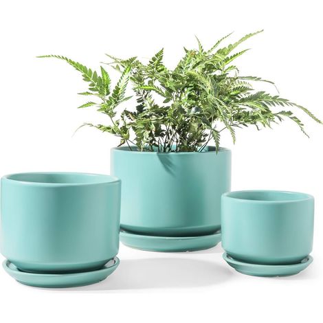 3er Set Keramik Blumentöpfe mit Untersetzer und Ablaufloch, Aqua (1/5)