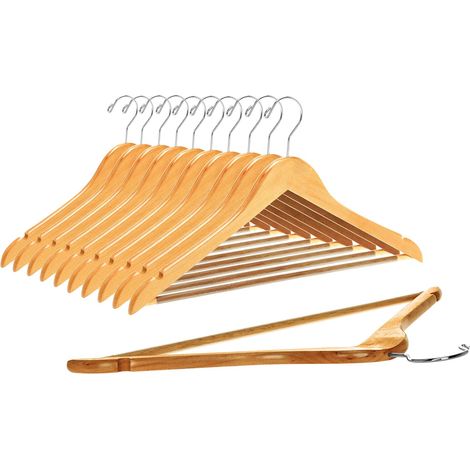Cintres en bois massif premium - Lot de 10 cintres légèrement incurvés avec crochets chromés élégants - Porte-vêtements robustes pour vestes, chemises, pantalons et costumes - Finition naturelle (1/5)