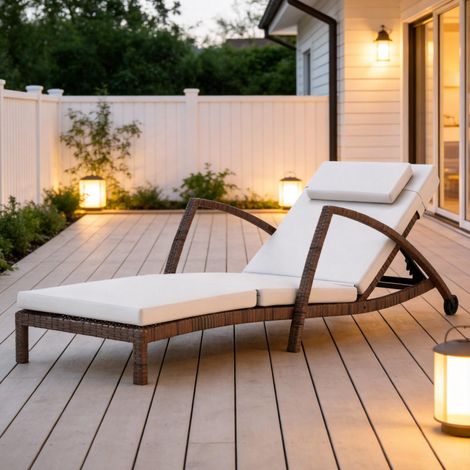 Tumbona de jardín con ruedas, respaldo reclinable en 5 posiciones, beige y marrón HAVRYA (1/5)