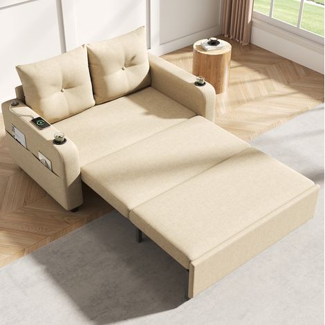 Divano letto 131x81x94 cm, 3 in 1, con portabicchieri, porte USB e Type C, lino di cotone beige (1/5)
