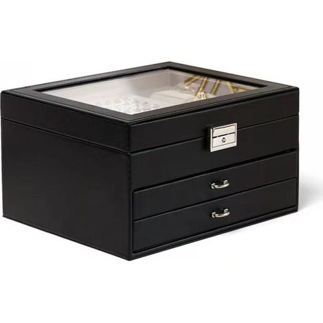 (Black) 3-Layer Leather Jewelry Storage Box, Ring and Earring Organizer Box