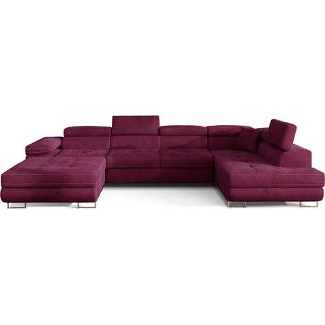 Les Tendances – Canapé panoramique convertible velours – Rangement sous méridienne – 4 têtières réglables – Dimensions 345x202cm – Couleur prune (1/5)