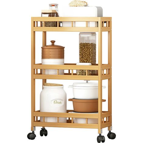 royaluxe -Chariot de rangement mince à 3 niveaux de l'organisateur de cuisine en bambou massif de haute montagne chariot de rangement mobile coulissant étagère de garde-manger étagère de cuisine (1/5)