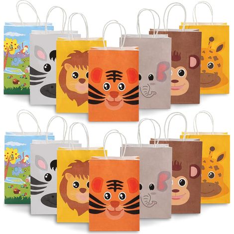 Sac Cadeau Animal - Papier Kraft - 16 x 8 x 22 cm - Poignée 8 cm - Thème Jungle Animaux - Pour Anniversaire Enfant Fête Halloween Noël Pâques - Lot de 14 (1/5)