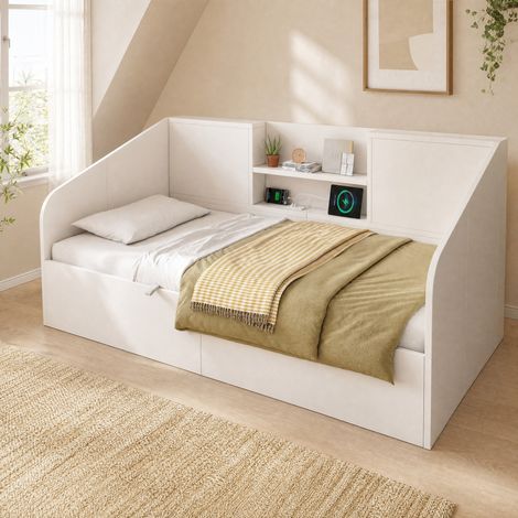 DESMIU Lit Banquette 90 × 190 cm et 90 × 200 cm et 140 × 190 cm Coffre, USB et Type-C, sans matelas, en bois, blanc (1/5)