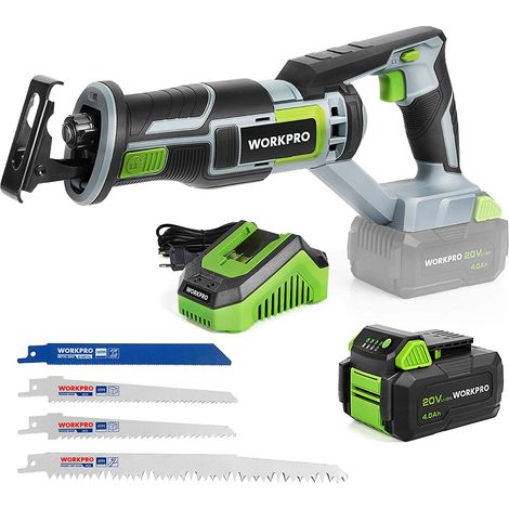 Workpro – Scie sabre sans fil 20V – Batterie 4,0Ah – Vitesse variable jusqu'à 2800 RPM – Changement de lame rapide – Pour bois dur et métal