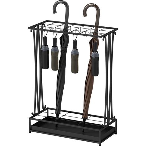 Regenschirmständer Stahl Schirmständer Rechteckiger Schirmhalter mit 24 Haken, 21 Löchern, herausnehmbare Wasserauffangschale für Gehstöcke & Regenschirme 50 x 24 x 68 cm Schwarz