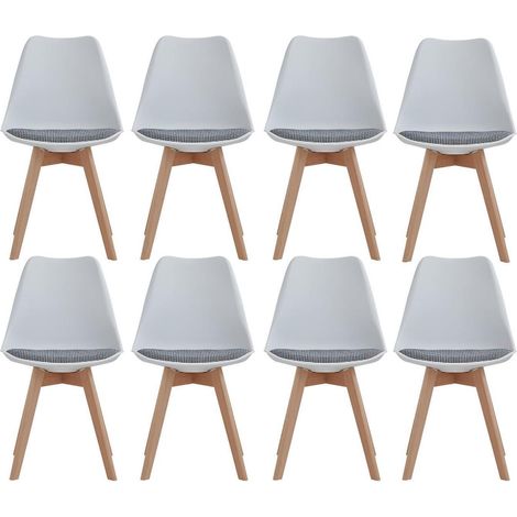 Esszimmerstühle 8er-Set Weiß, Skandinavisch, Massivholzbeine, Gestreiftes Sitzkissen (1/5)