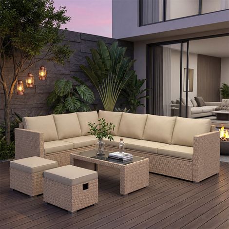 FENCHILIN Garden Corner Sofa Set Rattan Sofa Outdoor Furniture with Coffee table 2 stools,Khaki (1/5)