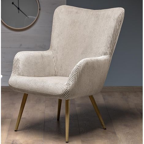 Fauteuil lounge en velours côtelé beige et pieds en acier AENOR (1/5)