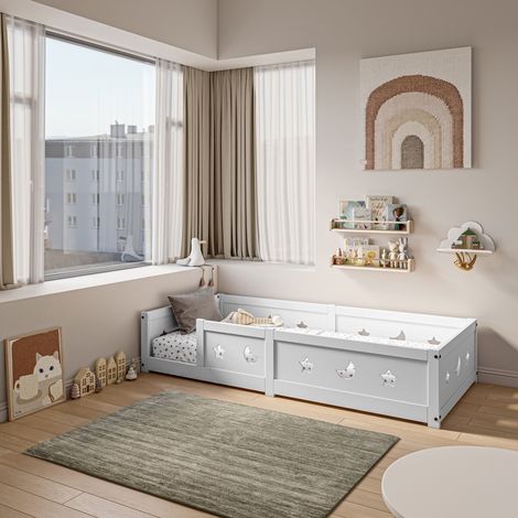 Letto singolo 90x200 cm – Letto Montessori per bambini con rete a doghe e sponde con stelle e luna – Legno massello di pino – Bianco
