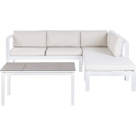 Conjunto de jardín 5 plazas sofá y mesa elevable estructura blanca tablero de vidrio y cojines blanco crema Messina