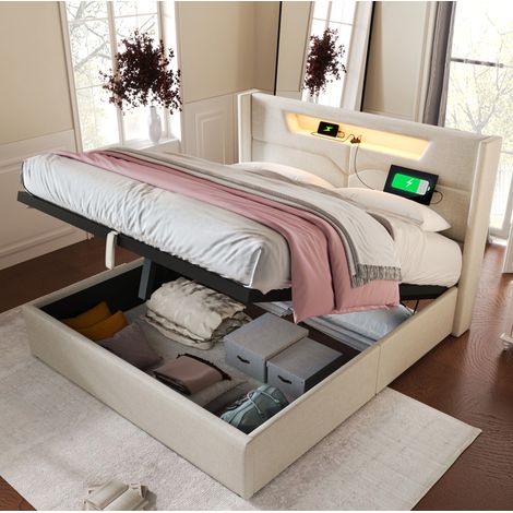 Cama con espacio de almacenamiento de tela de lino beige 160x200 cm con LED, USB y Type-C, somier de láminas incluido (1/5)