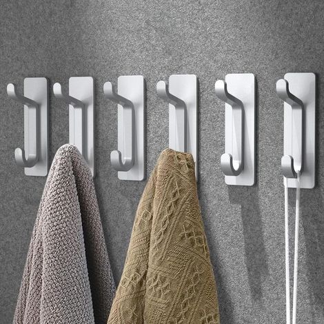 Crochets adhésifs extra forts, crochets muraux autocollants, porte-serviettes sans perçage, crochets antirouille, patères à deux niveaux pour salle de bain, cuisine, porte-serviettes, métal, argent, 6 (1/5)
