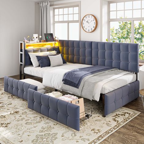 Sofá cama 90x200 cm gris tapizado - 2 cajones, LED y USB Tipo C (1/5)
