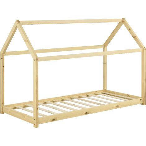 Cama infantil en forma de casita de madera natural con somier de láminas 90 x 200 cm 030002712