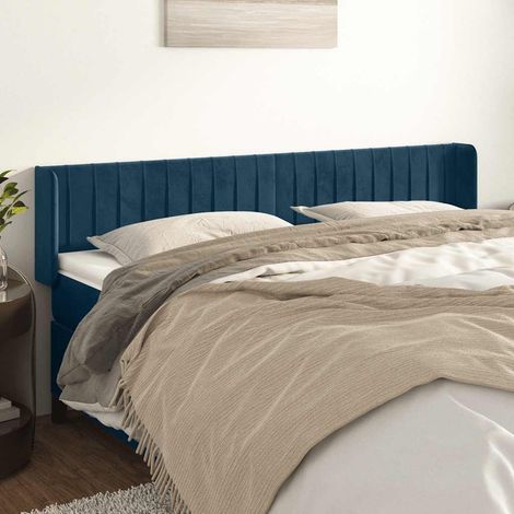 Tête de lit avec oreilles pour lit double, Tableau décoratif de chevet élégante Bleu foncé 203x16x78/88 cm Velours SDG26543 (1/5)