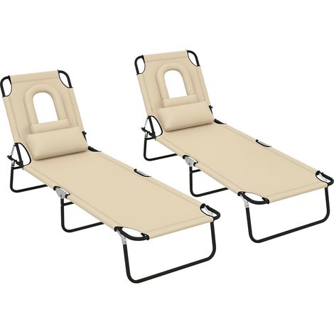 Outsunny Folding Sun Loungers Set of 2 with Face Hole, 4-Position Adjustable Backrest Garden Recliner Chairs Sunbeds, Outdoor Lounge Chairs with 600 D Oxford Cloth Seat, Pillow for Beach, Sand (1/5)